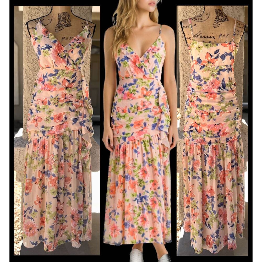 Lulus Stunning Soiree Blush Pink Peach Floral Print Ruched Midi Dress Size L